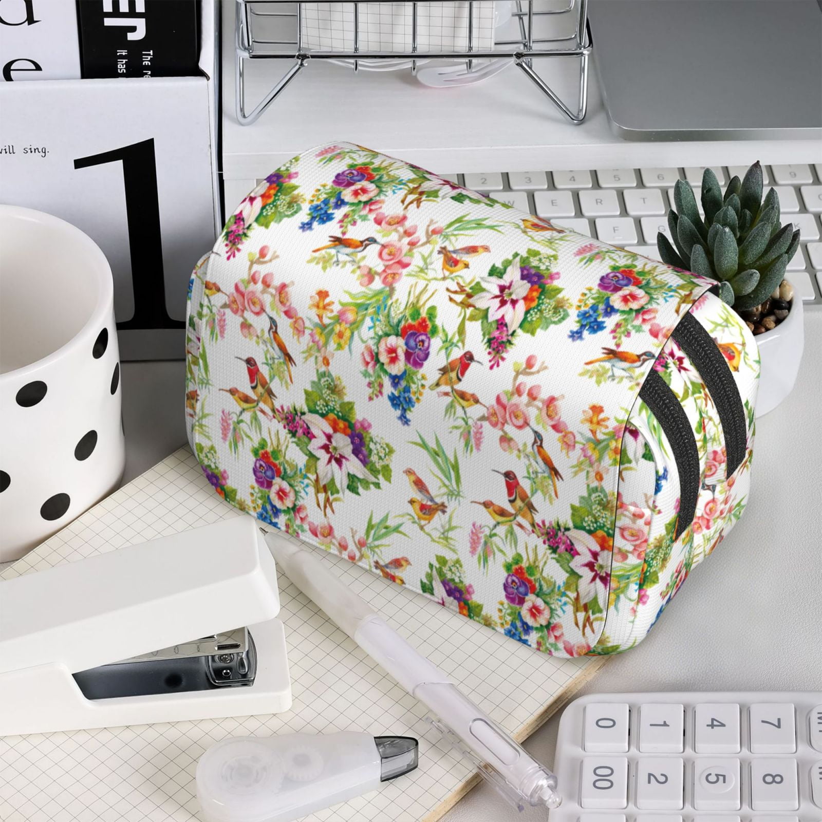 Rateoe Birds And Flowers Pattern Double Clamshell Pen Case, Storage Organizer with Two Zipper Compartments– Holds Up to 50 Pencils & Pens