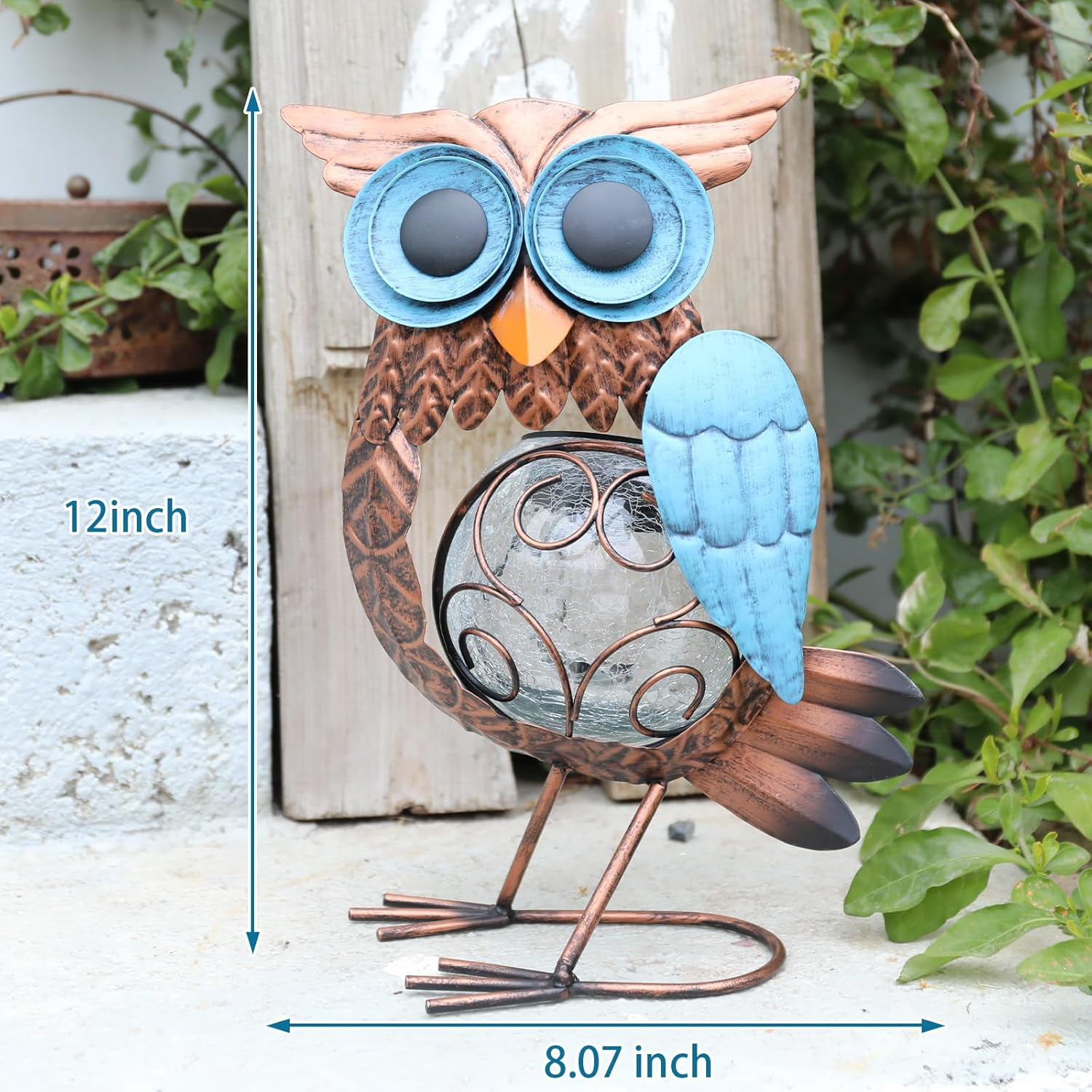 Outdoor Statue,Solar Owl Statue: Crackle Glass Globe Light, Metal Garden Sculpture for Lawn Porch Patio Outside Garden Decor