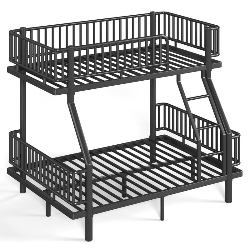 Twin-over-Full Teens Bunk Bed Can Transformed into 2 Platform Beds, Metal Kids Bed Frame with Round-Pipe, Ladder & Guardrails