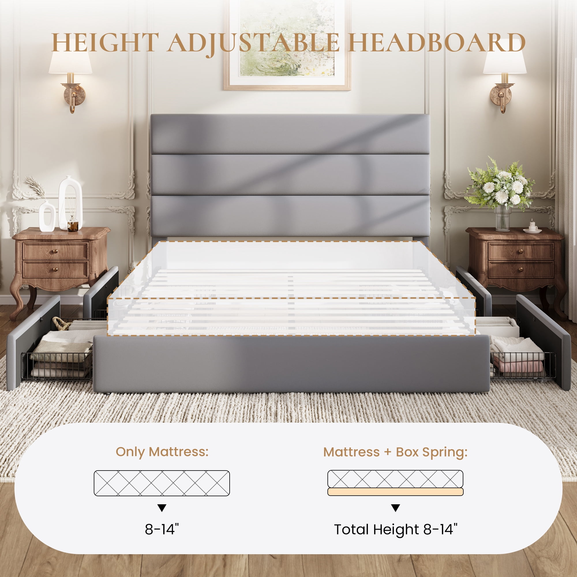Sha Cerlin Full Size Platform Bed Frame with 4 Storage Drawers, Velvet Upholstered Headboard, Gray