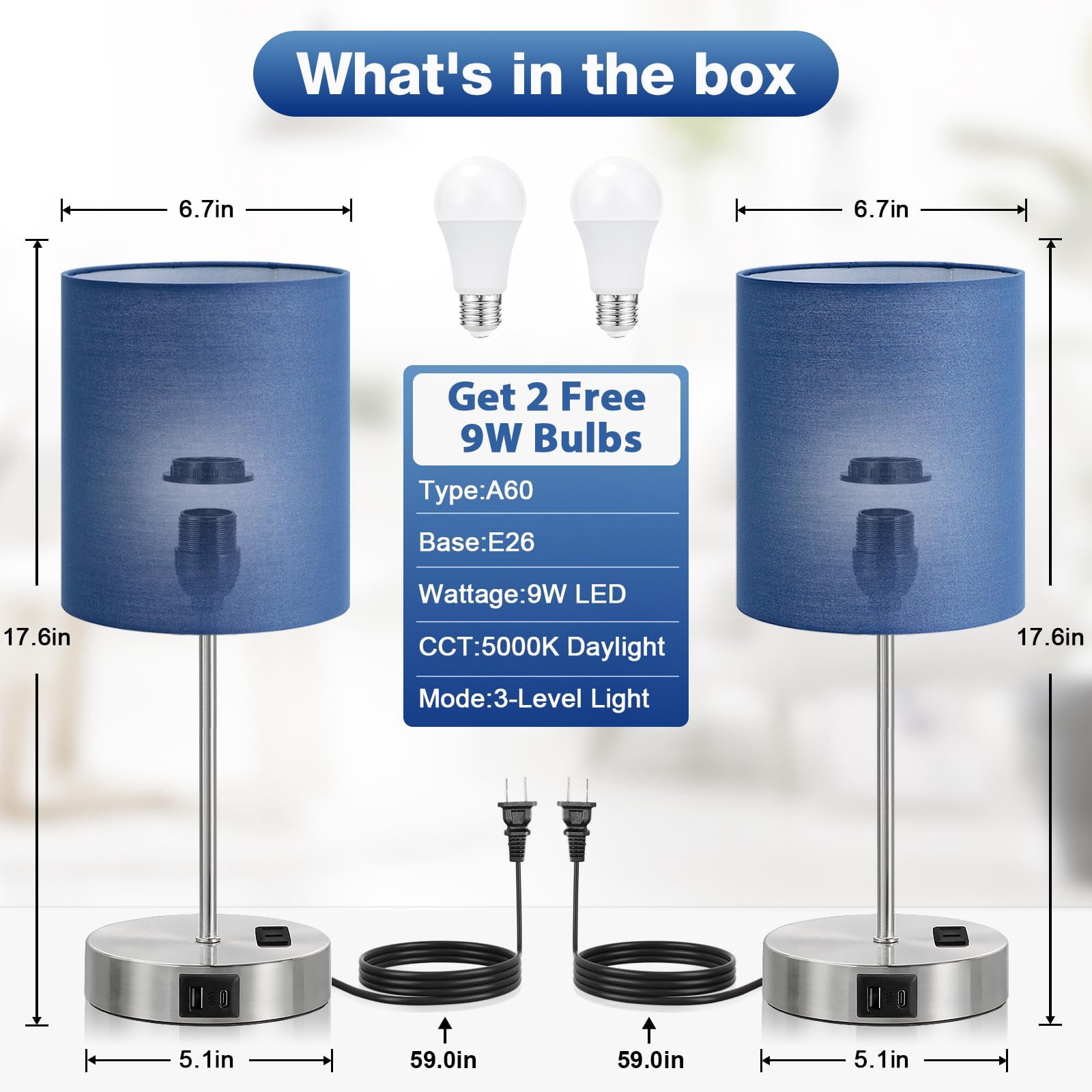 Blue Touch Lamps For Nightstand Set Of 2 - Bedside Table Lamp Bedroom With Dual Usb Ports & Ac Outlet  3-way Dimmable Living Room Night Light 5000k Daylight Bulbs