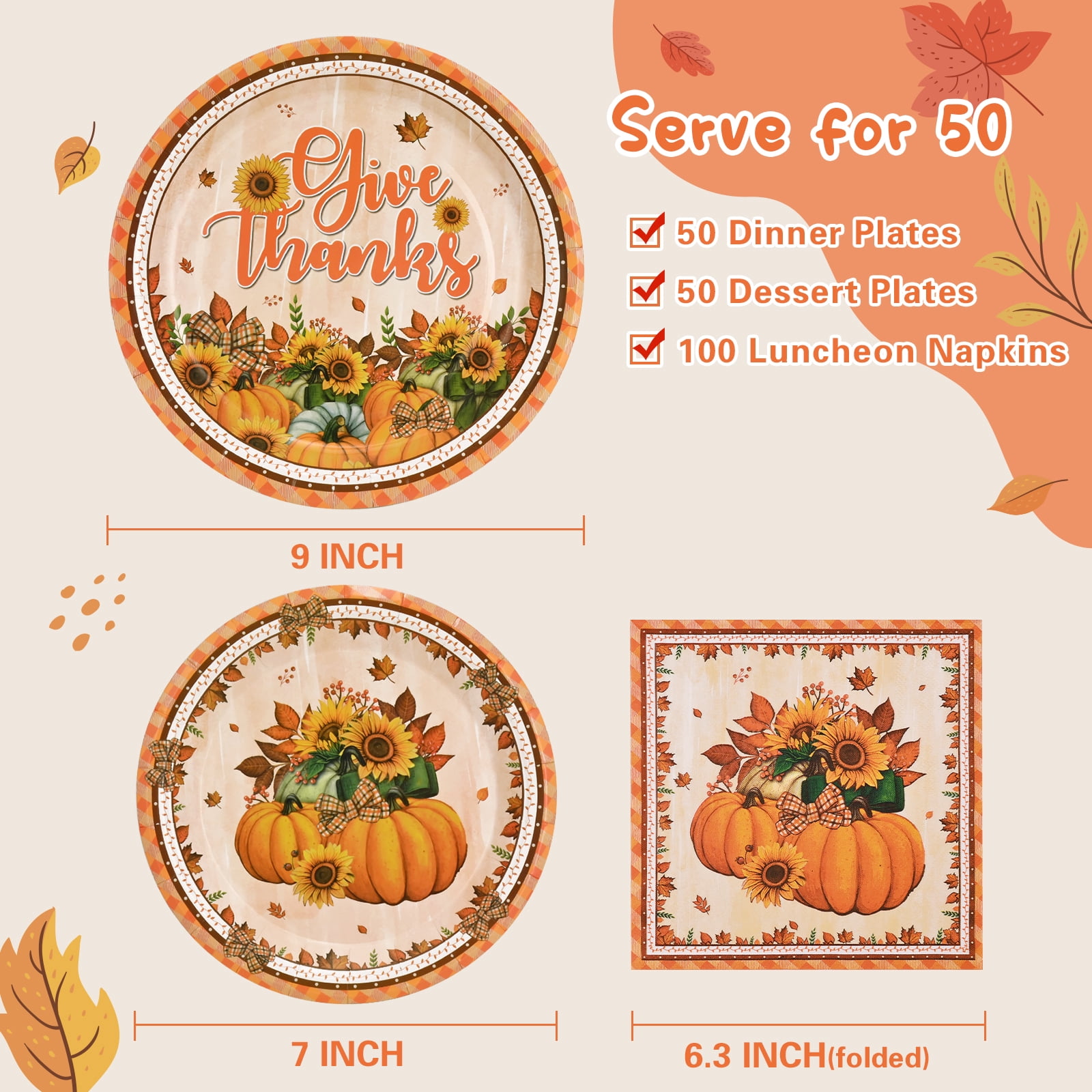 DAZLUTE 200 PCS Fall Paper Plates and Napkins, Fall Dishes, Thanksgiving Disposable Dinnerware and Plates for Thanksgiving and Fall Decorations Party Supplies