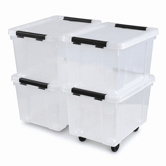 4 Pack Clear Plastic Storage Bins with Wheels and Latches, Stackable Rolling Tote Boxes for Closet Pantry Garage Organization