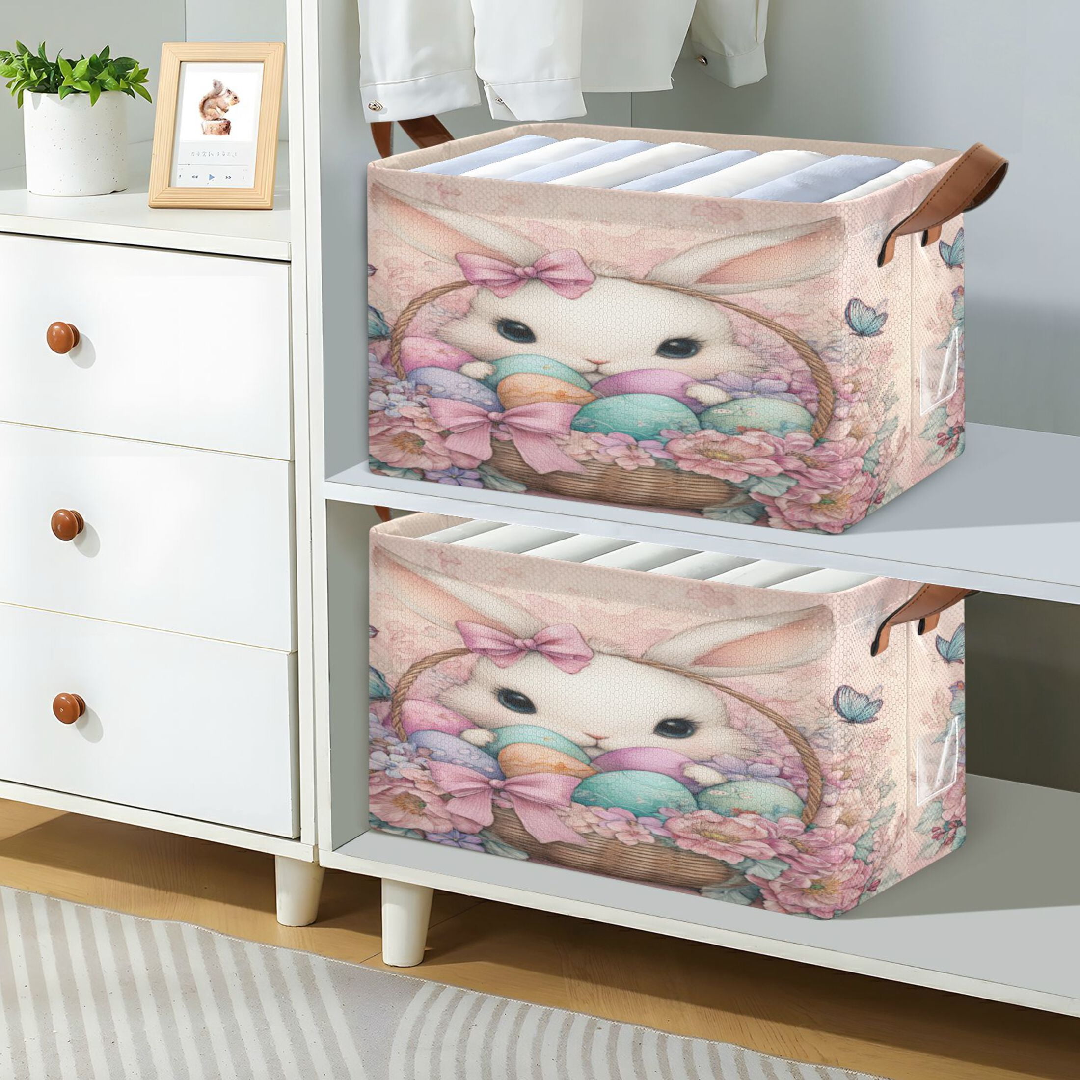 WobogoAdorable Easter Bunny Storage Basket 16.9×11.4×10in Collapsible Oversized with Metal Iron Frame