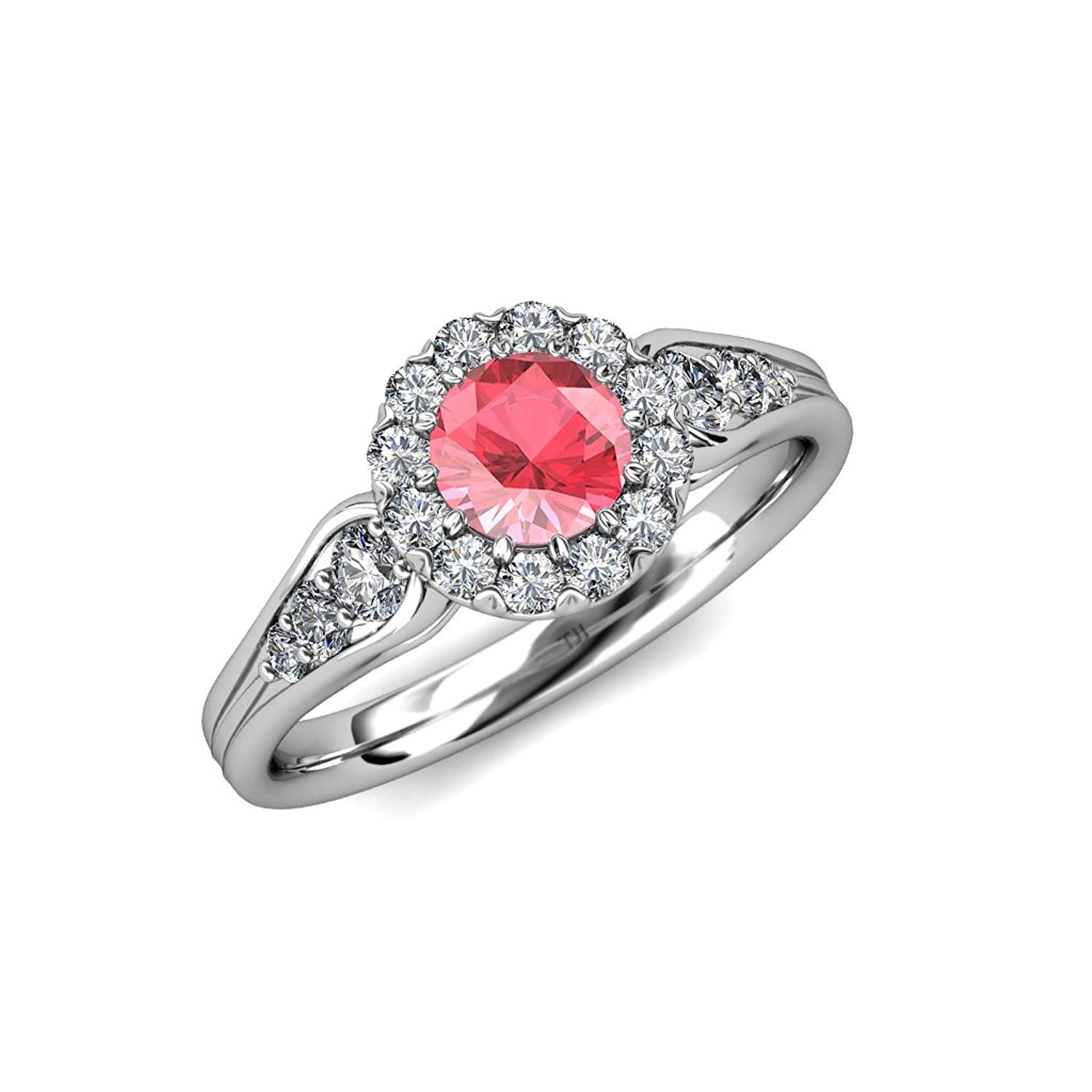 Pink Tourmaline and Diamond (SI2-I1, G-H) Cupcake Halo Engagement Ring 1.47 ct tw in 14K White Gold.size 9 by TriJewels