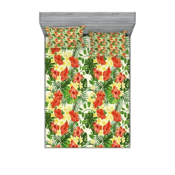 Ambesonne Tropical Fitted Sheet & Pillow Sham Set, Exotic Flowers Pattern, Full, Red Pale Yellow Green