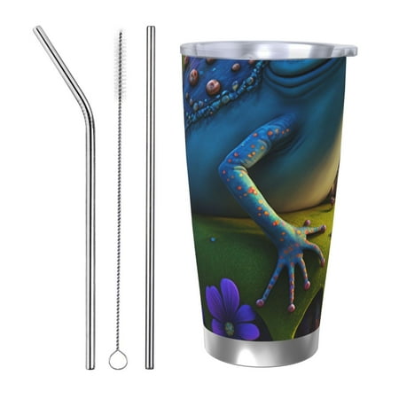 

Uemuo Cute Blue Frog Print Travel Coffee Mug 20oz Double-walled Car Cup Stainless Steel Insulated Tumbler Leak-proof Travel Cup Reusable Straw Car Cup-Straw Three-piece Set