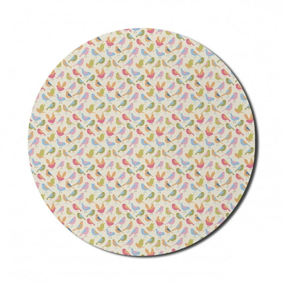 Animal Mouse Pad for Computers, Illustration of Colorful Ornamental Birds in Repeated Pattern Art Print, Round Non-Slip Thick Rubber Modern Mousepad, 8" Round, Eggshell and Multicolor, by Ambesonne