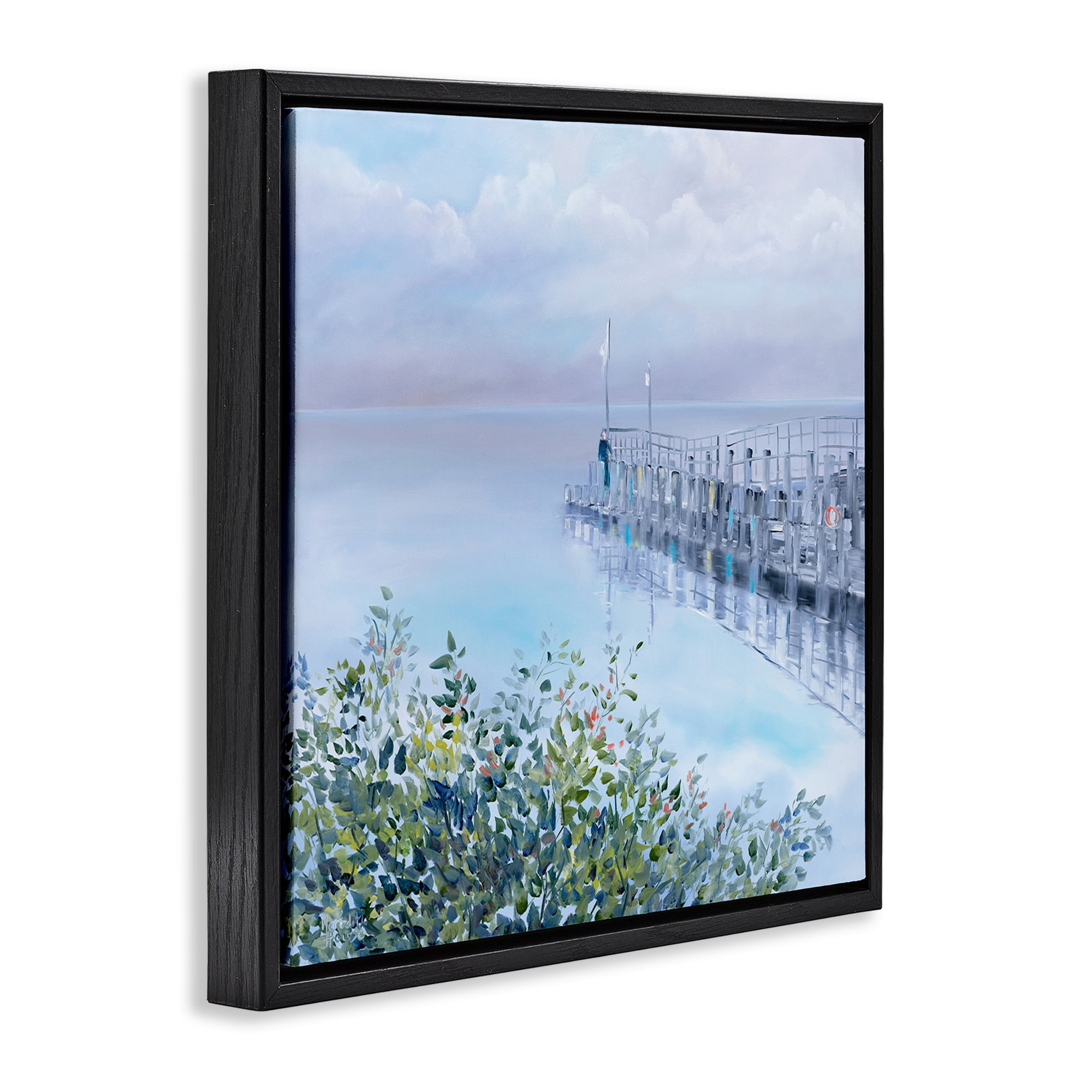 Stupell Industries Foggy Harbor Dock Landscape Painting Black Floater Framed Canvas Art Print Wall Art, 25 x 25