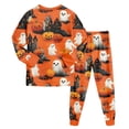 thumbnail image 4 of UAYOTSE Little Girls Halloween Pjs 2‑Piece Set Long Sleeve Crewneck Top Jogger Sleep Pants Orange‑Base Ghost Pumpkin Haunted House Graphic Kids Night Outfit Size 7-8 Years, 4 of 9