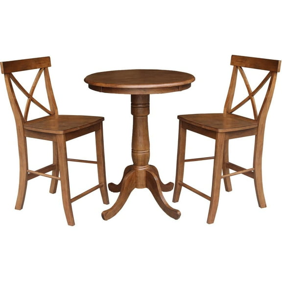 International Concepts 3-Piece Solid Wood Gathering Height Dining Set with 30" Round Pedestal Table and 2 Cross-Back Stools, Distressed Oak