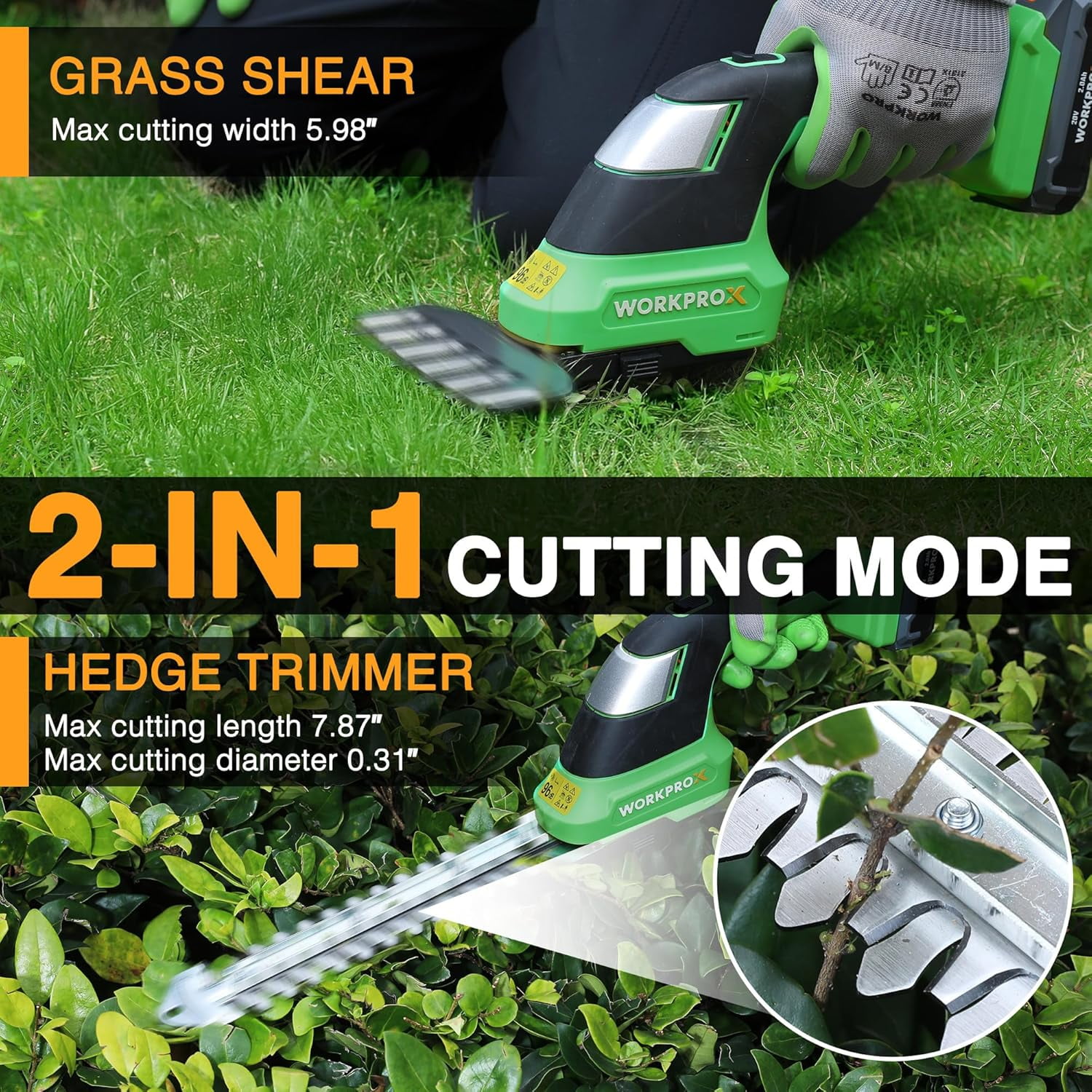 WORKPROX Cordless Grass Shear & Shrubbery Trimmer - 2-in-1 Handheld 20V Electric Grass Trimmer Hedge Shears/Grass Cutter, Rechargeable Lithium-Ion Battery and Type-C Cable Included