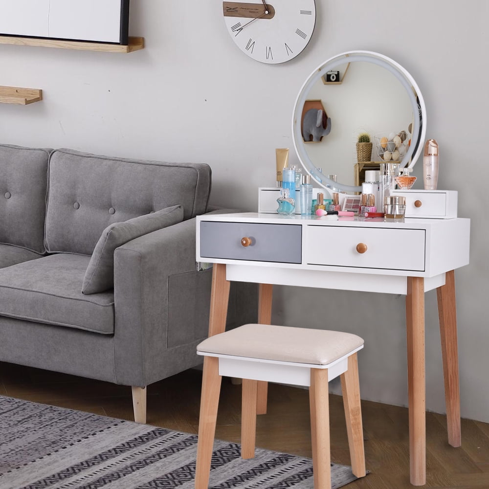 Dressing Table Modern Vanity Makeup Table Set with Sliding Mirror and Storage Shelves,Versatile Makeup Table With Cushioned Stool Dresser Desk for Bedroom