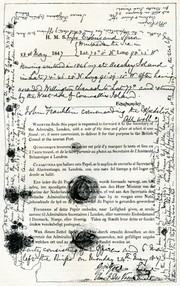 Note Found In May 1859 In A Cairn South Of Back Bay King William Island By Admiral Sir Francis Leopold Mcclintock Detailing The Fate Of The Franklin Expedition Last Sighted By Europeans In 1845 From T