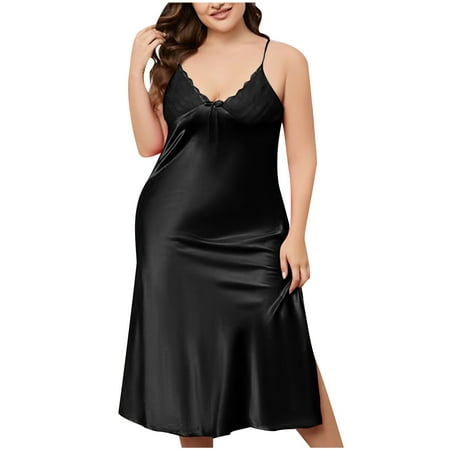 Nrmvnmi Women s Plus Size Nightgown Satin Lace Sleepwear V-Neck Chemise Full Slip Nightshirt Spaghetti Strap Lingerie Black 3XLMothers Day Gifts