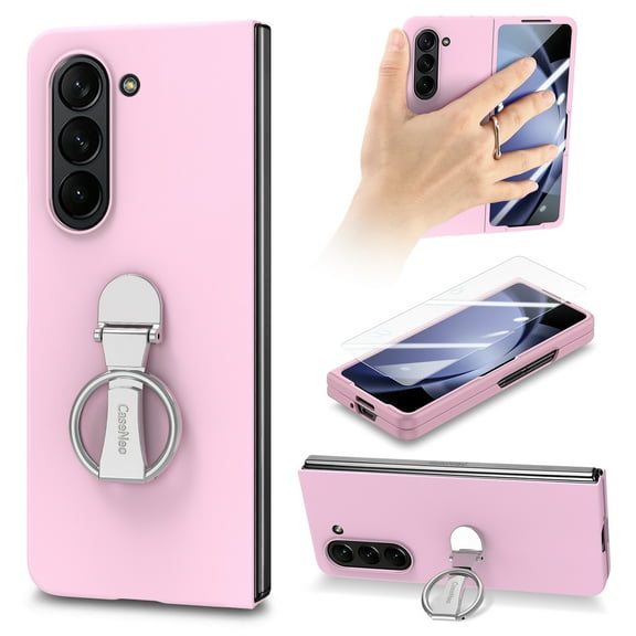 Ring Holder Case Compatible with Samsung Galaxy Z Fold 6 Case, Slim Thin Solid Sturdy Hard PC All-Inclusive Anti-Drop Built-in Screen Protector Case for Samsung Galaxy Z Fold 6 5G, Pink