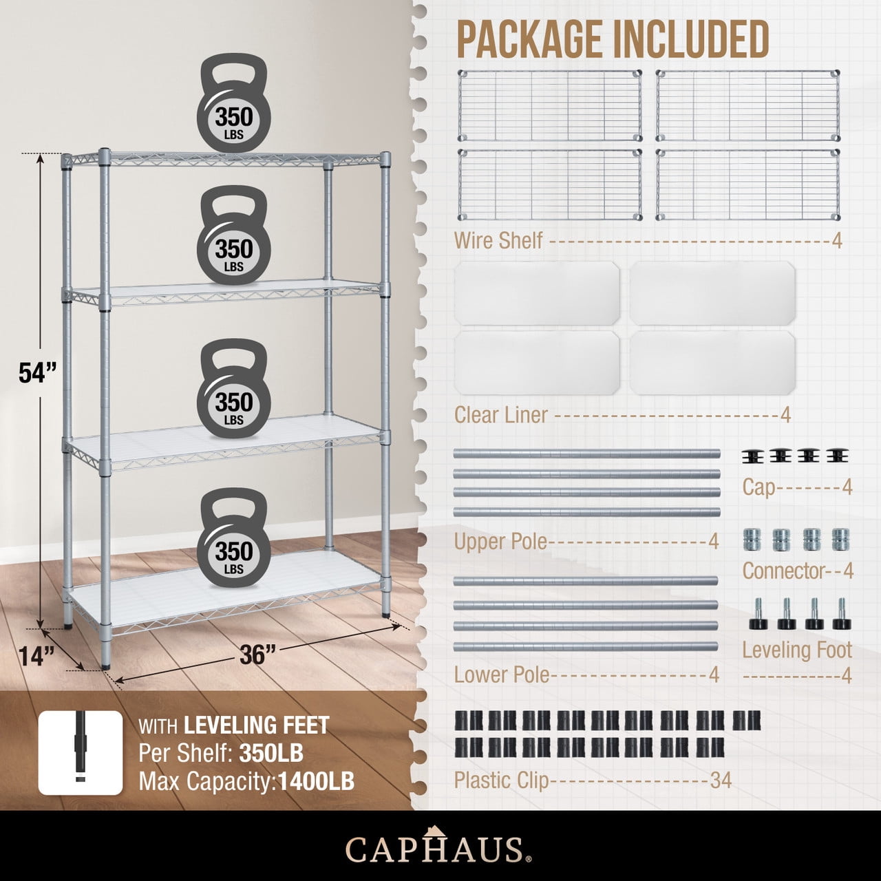CAPHAUS NSF Adjustable Shelves Metal Wire Shelving Unit w/ Liners, Kitchen Storage Shelving, Metal Steel Storage Shelving, Garage Shelving Storage Organizer, Utility Shelf, 4-Tier No Wheels, Silver