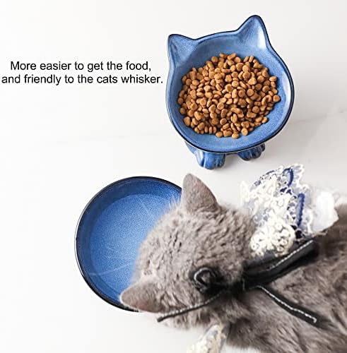 Elevated Cat/Dog Bowls Set : 5 Inch Ceramic Raised Cat Food and Water Bowl Set for Protecting Pet's Spine - Feeding & Watering Supplies for Pets- Elegant Blue & Black (2PC)