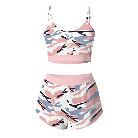 

Voguele Women Lounge Set Cami Top And Shorts Sleepwear Scoop Neck Nightwear Summer Pajamas Sets Casual Pink Print XL