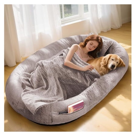 Human Dog Bed for Adults and Pets,71"x45"x14" Human Size Dog Bed for People,Washable Faux Fur Cover,Orthopedic Dogs Bean Bag with Blanket and Pillow,