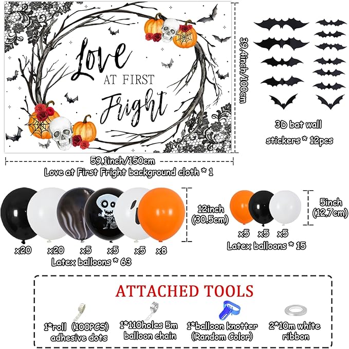 91Pcs Halloween Bachelorette Party Decorations Love at First Fright Backdrop Orange Balloon Garland Arch Kit 3D Bat Wall Stickers for Halloween Engagement Wedding Bachelorette Party Decor Supplies