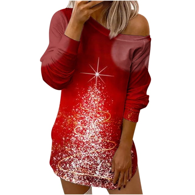 Camiseta sin tirantes de manga larga hueca con cuello inclinado suelto con estampado navideño para mujer Fridja FKASFK652
