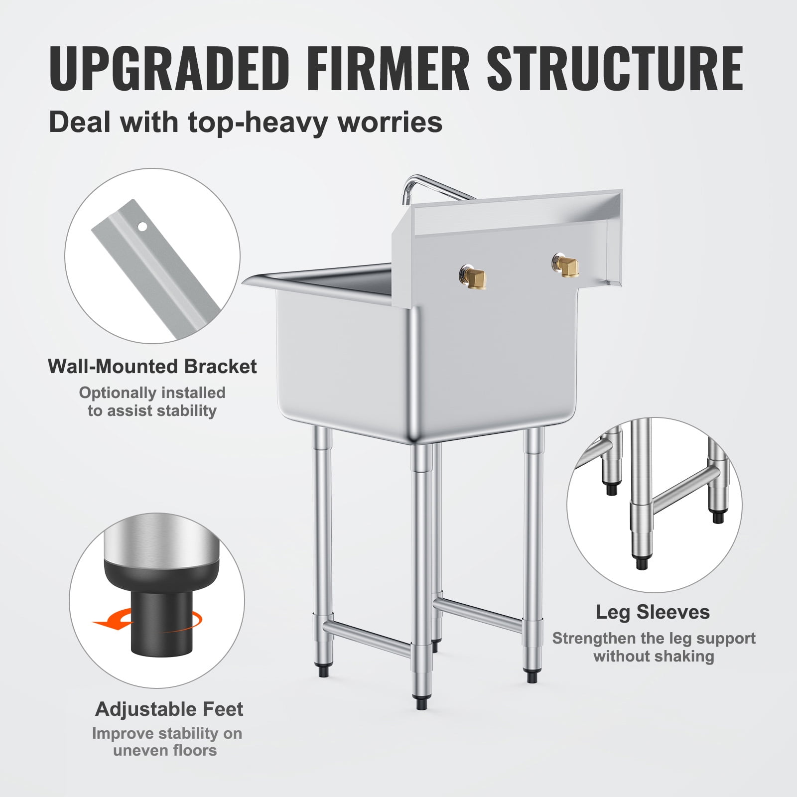 KFFKFF Commercial Utility Sink in Stainless Steel, Single Basin with Faucet & Legs, Dimensions 21"x41", Ideal for Garage, Eatery, Kitchen, Laundry Room, Certified by