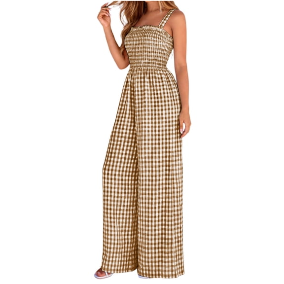 MYAOYI Womens Jumpsuits Casual Daily Wide Leg Jumpsuit Gingham Plaid Spaghetti Strap Smocked Summer Jumpsuit
