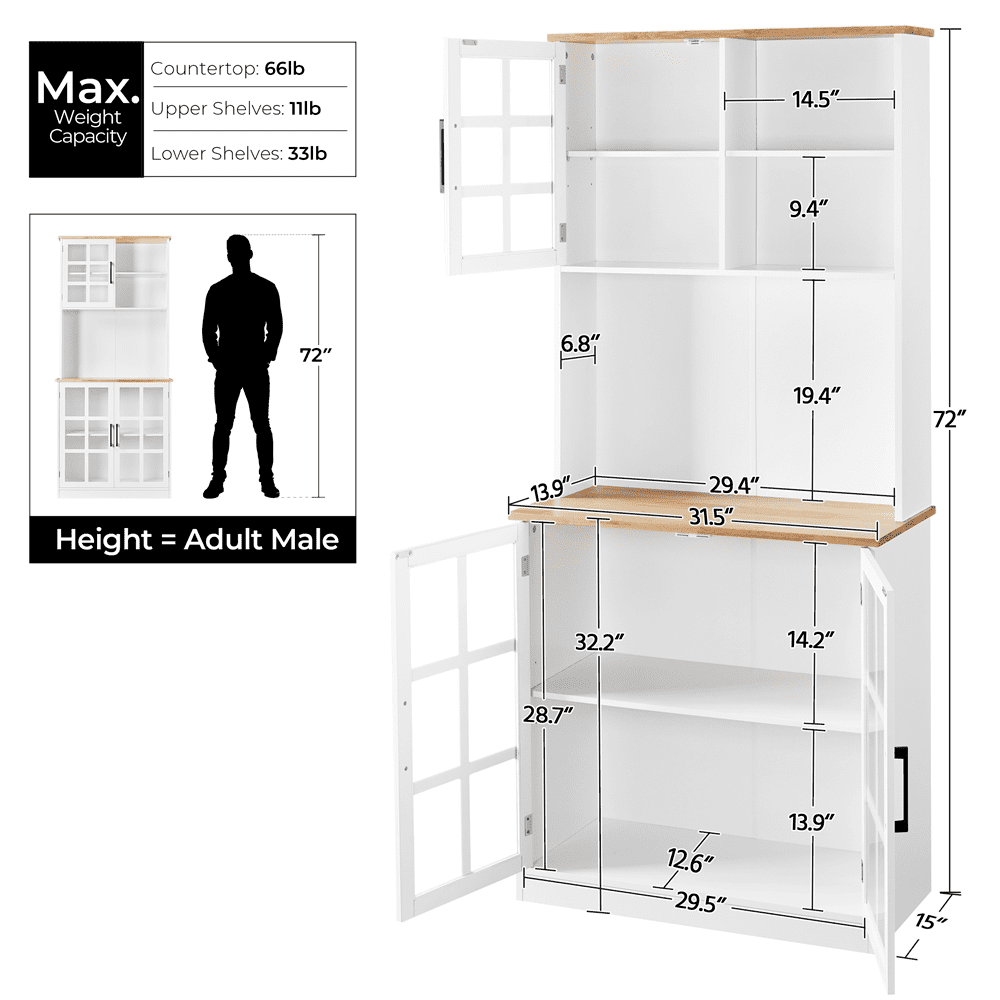 Topeakmart Kitchen Pantry with 3 Cabinets & 2 Open Shelves, White - 3
