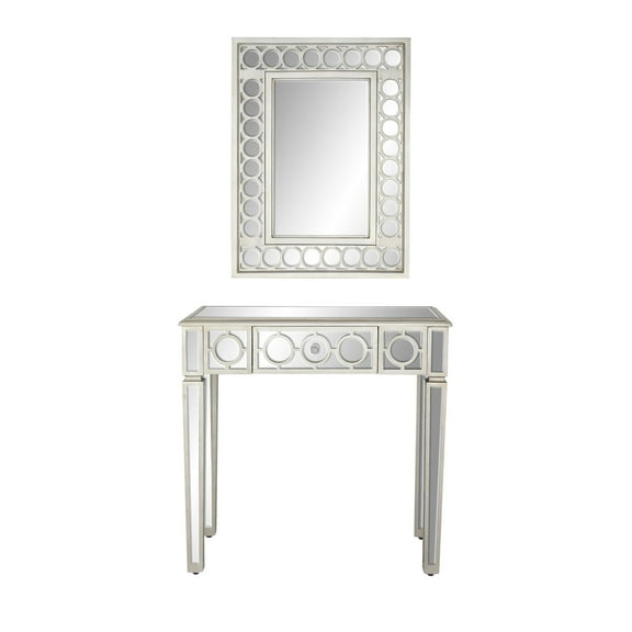 DecMode 23" x 31" Silver Glass Mirrored Geometric Single Drawer Console Table with Mirror, 2-Pieces