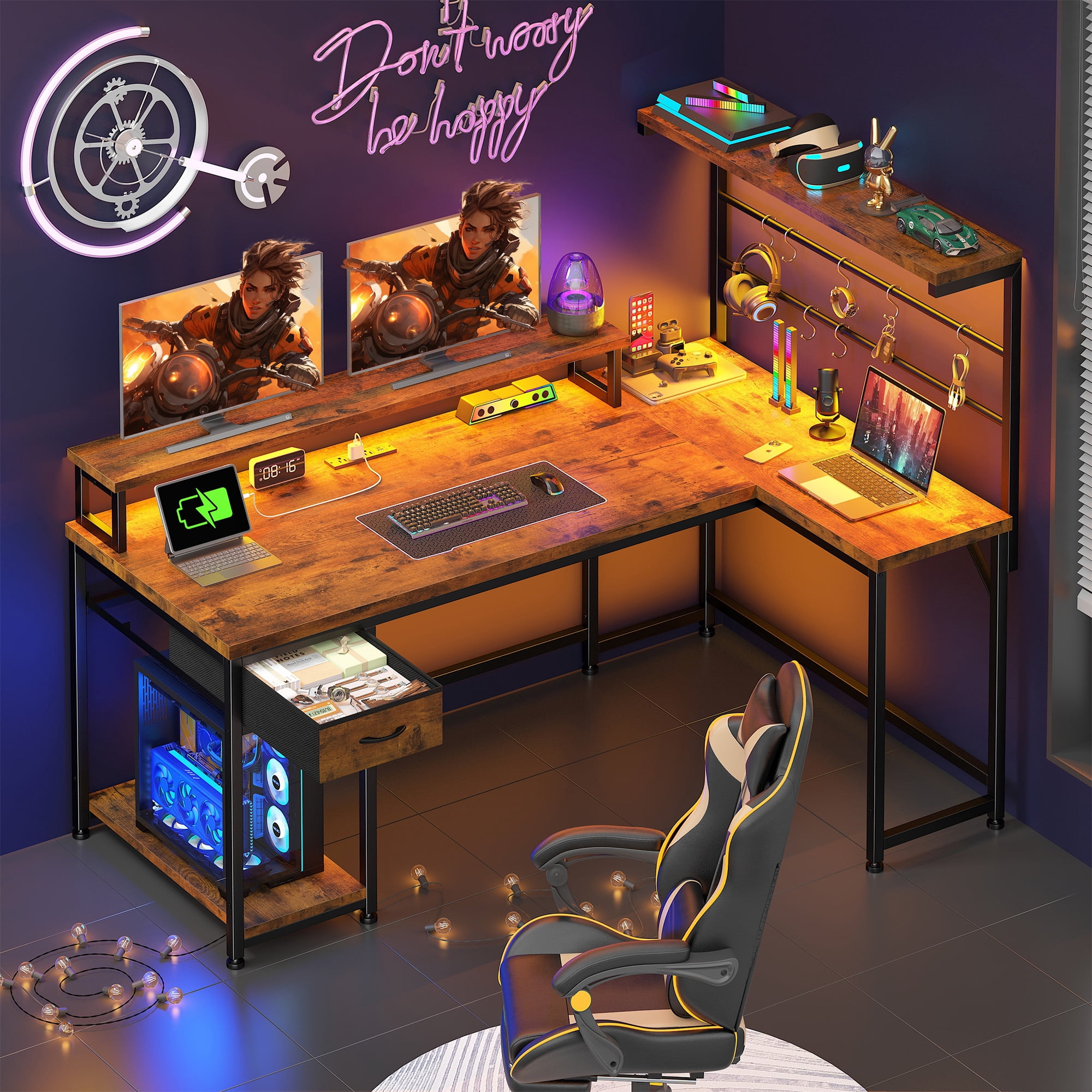 Romorgniz  L Shaped Desk with Drawer, Officce Desk with Storage Shelves & LED Lights for Home Office, Rustic Brown