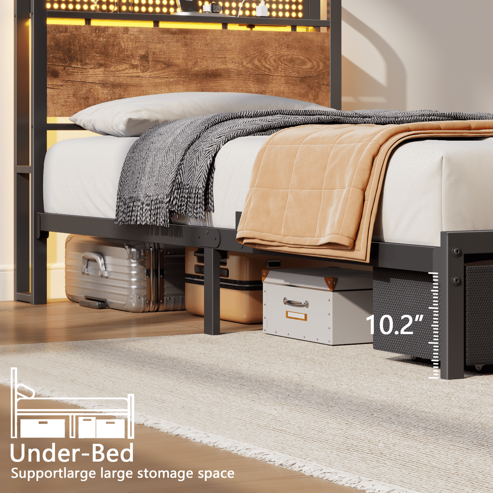 Satifur Twin Bed Frame with 2 Drawers & Storage Headboard, Platform Metal Bed with Charging Station, No Box Spring Needed