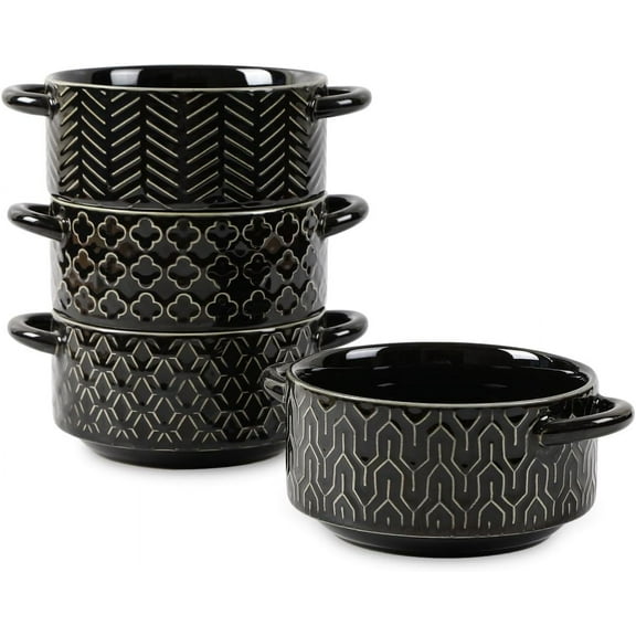 Sureasy Soup Bowls with Handles, Ceramic French Onion Soup Bowls 20 oz, Oven Safe Soup Crocks for Beef Stew, Chili, Cereal, Pot Pies, Embossed Serving Bowls Set of 4, Gift, Black