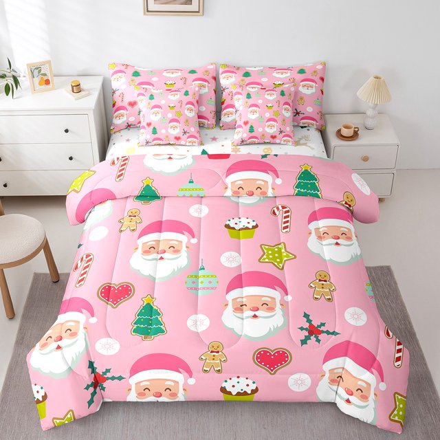 YST Christmas 7 Pieces Bedding Set Cartoon Santa Claus Sheet Set Twin Sizemerry Xmas Cartoon Style Comforter With 1 Pillow Case Snowflake For Bedroom Decor Qulit Cover For Kids,Pink