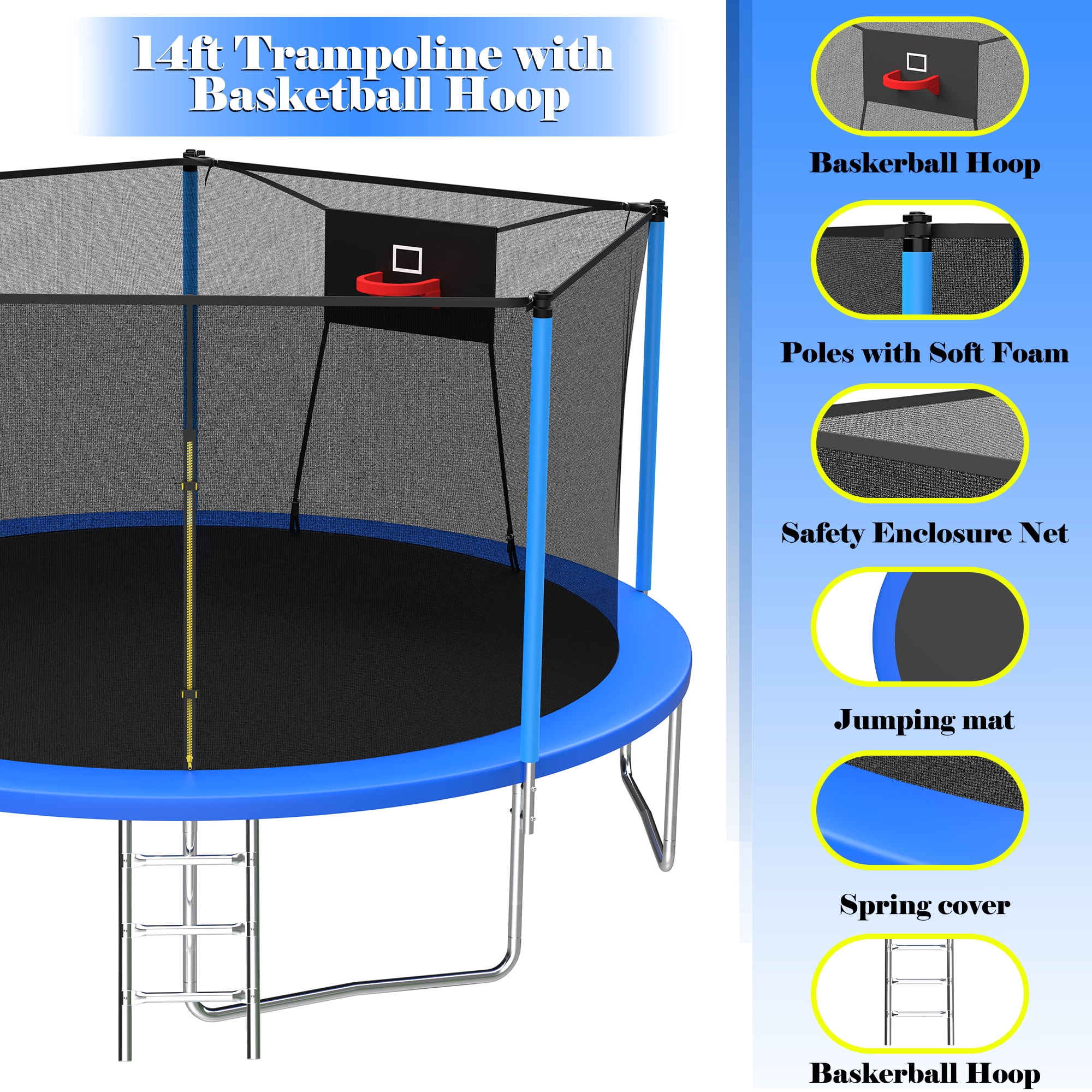 14ft Trampoline with Basketball hoop, SEGMART Upgraded Round Outdoor Kids Trampoline with Enclosure Net, Heavy Duty Backyard Trampoline, Recreational Trampoline for Adults Kids