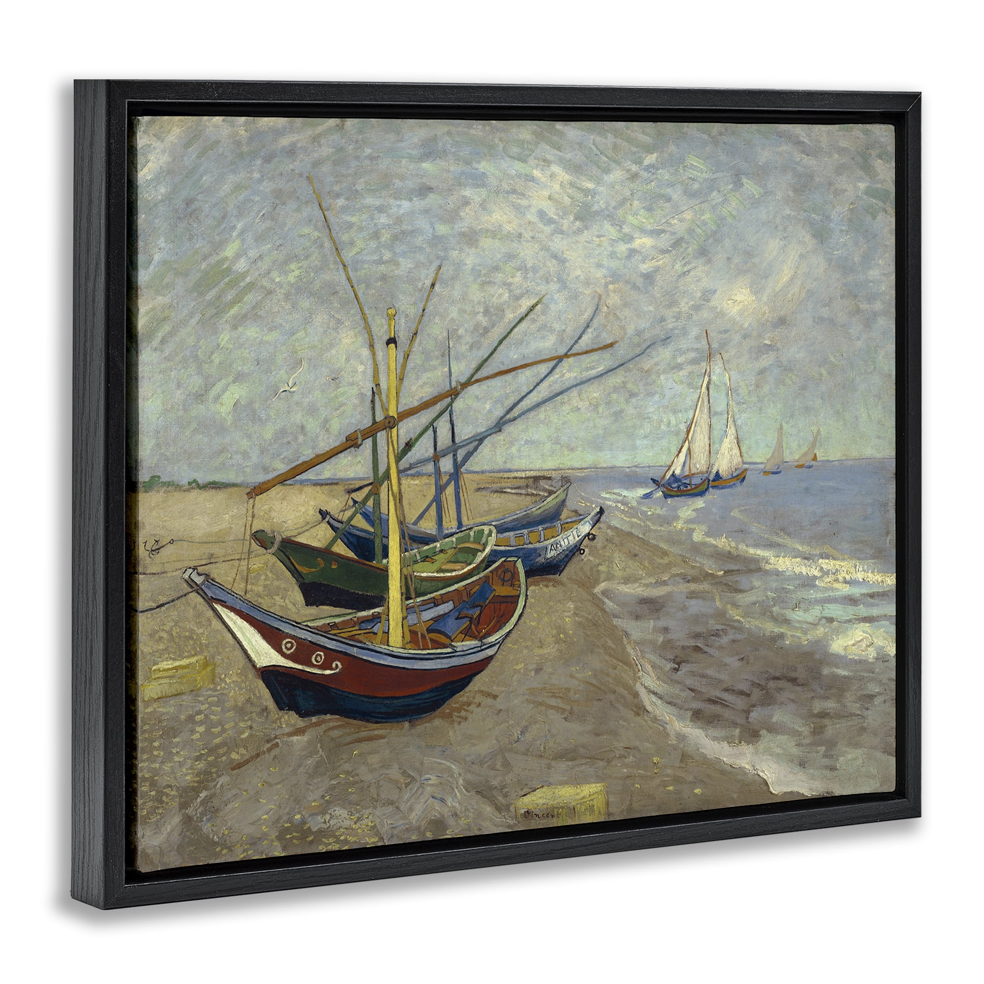 Stupell Industries Classic Fishing Boats on Beach Nautical & Beach Painting Black Floater Framed Canvas Art Print Wall Art, 21 x 17
