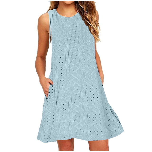 LSLJS Women's Mode Décontractée Round-Neck Vintage Sleeveless Imprimé Dresses avec Poches, Robe d'Été Summer Plage Dresses