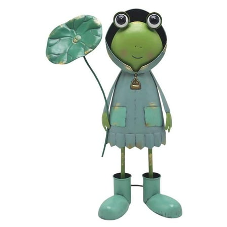 Continental Art Center 24169 Metal Green Frog Garden Statue Holding Leaf and Wearing a Rain Coat