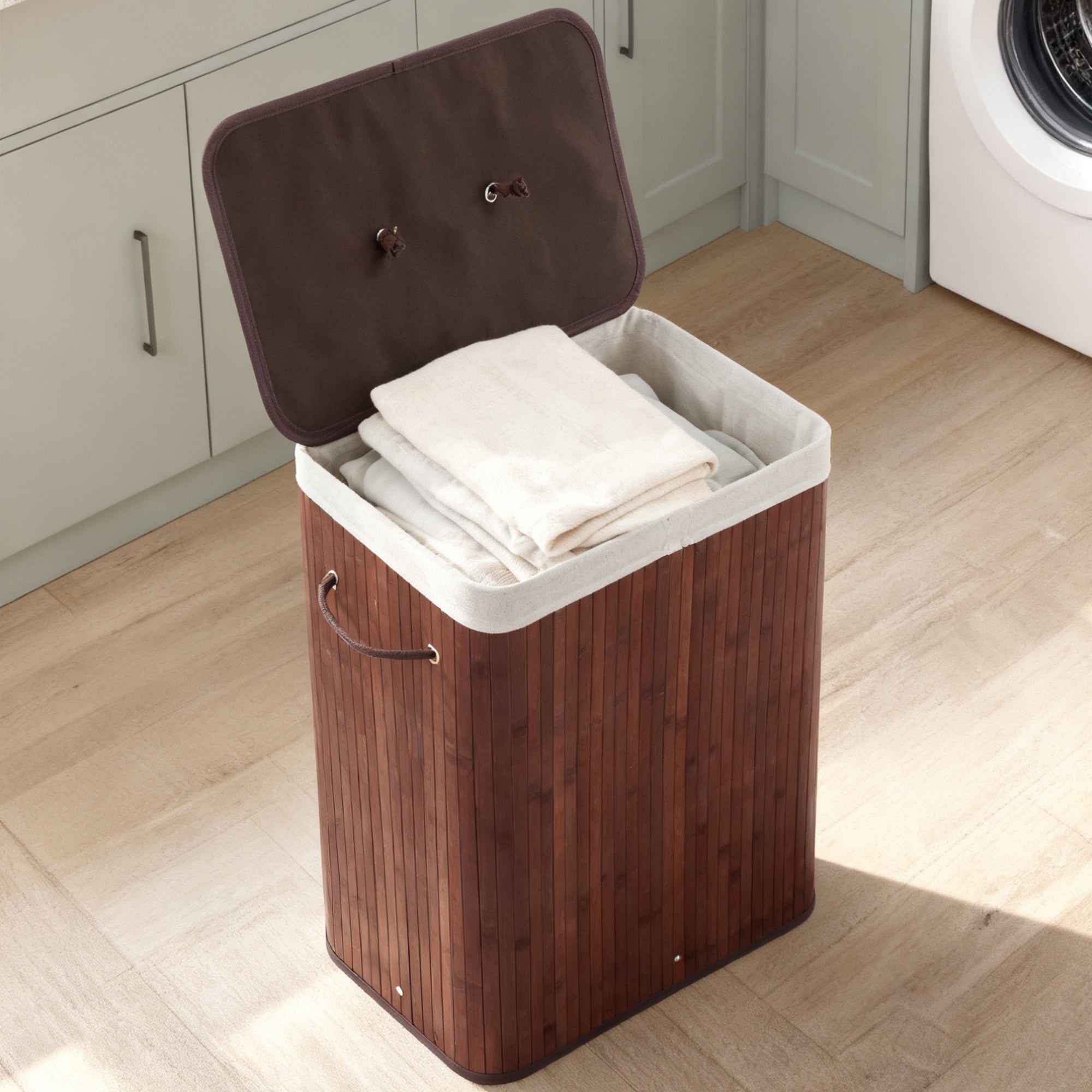 Garvee Folding Bamboo Laundry Hamper with Lid, 27.5 Gallon Large Capacity Wooden Basket with Washable Liner Bag, Slim Space-Saving Clothes Organizer for Small Bedroom, Apartment, Dorm, Brown