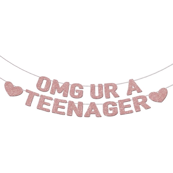 OMG UR A TEENAGER Banner – 13th Birthday Decorations for Girls, Rose Gold Glitter Happy 13th Bday Party Decor, Pre-Strung Teen Girl Birthday Decorations for 13 Year Old Girl