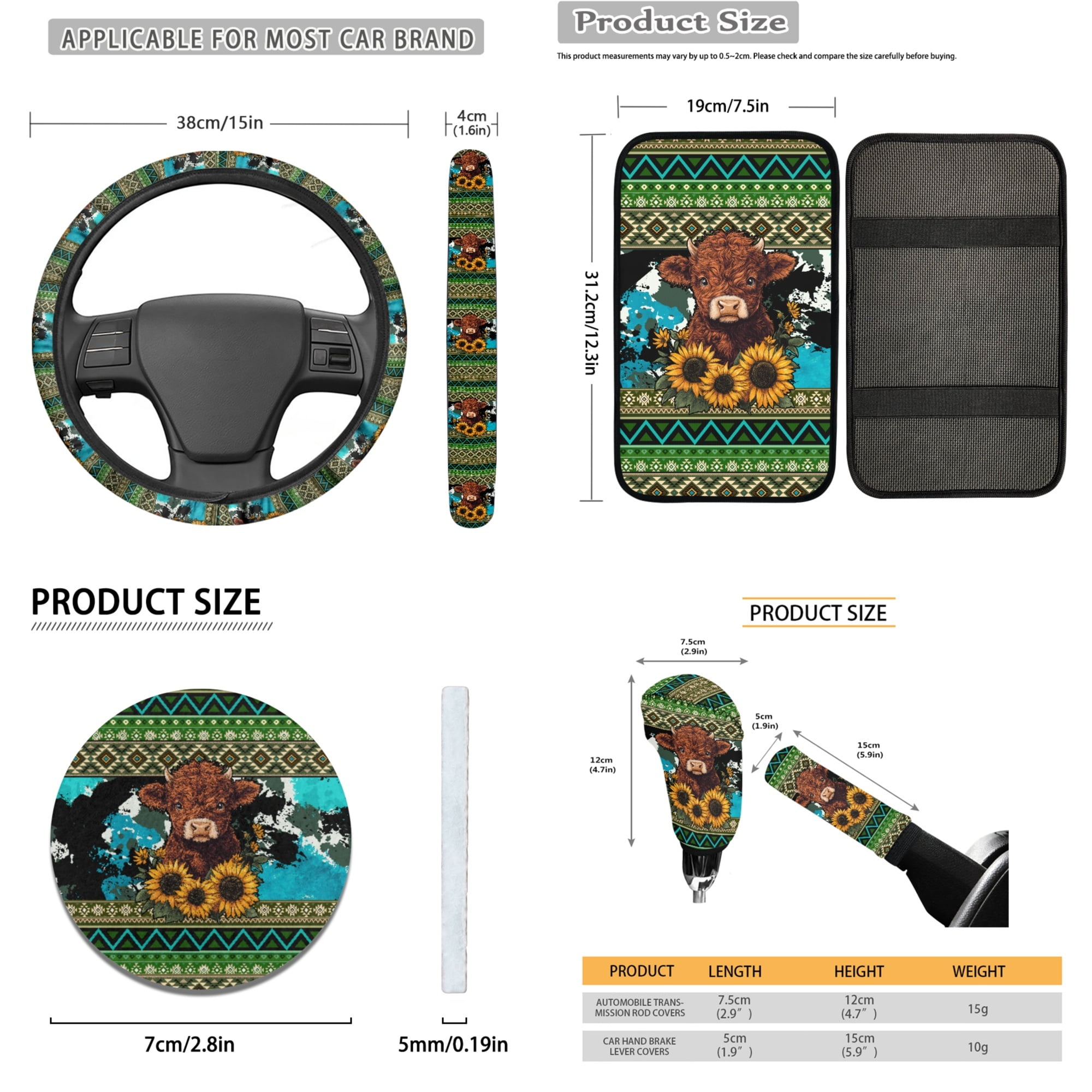 Tutolipy Highland Cow Print 15 Pack Car Seat Cover Sets, Sunflower Aztec Print Front Rear Split Bench Seat Covers for Cars, Steering Wheel Cover Seatbelt Pad Car Center Console Cover, Universal Fits