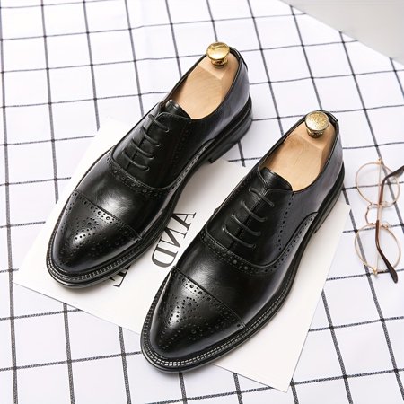 KINODAY Solid Cap Toe Brogues With PU Leather Uppers Wear-resistant Lace-up Dress Shoes For Business Office Wedding Banquet Occasions