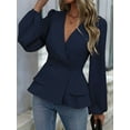 thumbnail image 6 of Women'S Elegant Solid Color Double Breasted Ruffle V-Neck Long Sleeved Shirt Navy Blue L, 6 of 8