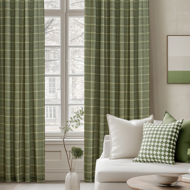 NICETOWN Green Linen Plaid Curtains for Living Room, Check Tartan Light Filtering Privacy Semi Sheer Linen Curtains Rod Pocket Back Tab Farmhouse Country Style Drapes, 52"x96", 1 Pair