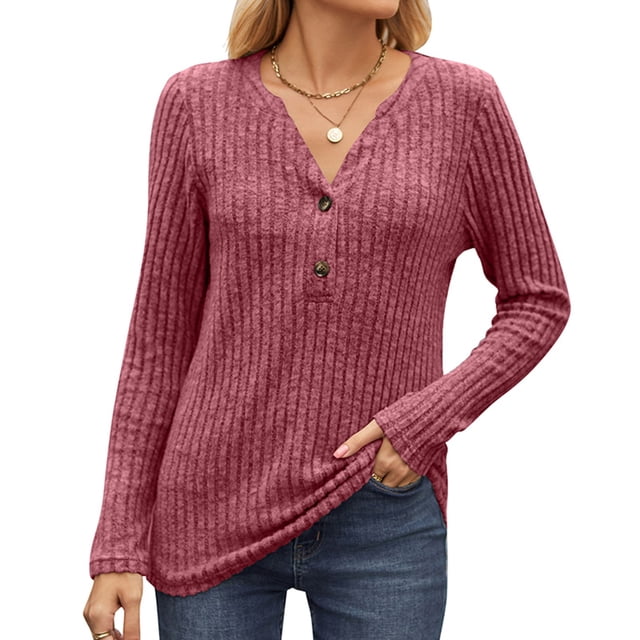 KIHOUT Spring Winter Womens Tops Fashion Solid Color Long Sleeve V-neck Button Slat Casual Sweater Top