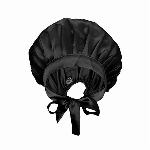 wonima11 Women's Natural Silk Night Cap Satin Sleep Caps Elastic Head Cover Bonnet for Hair Care,Tape,Black