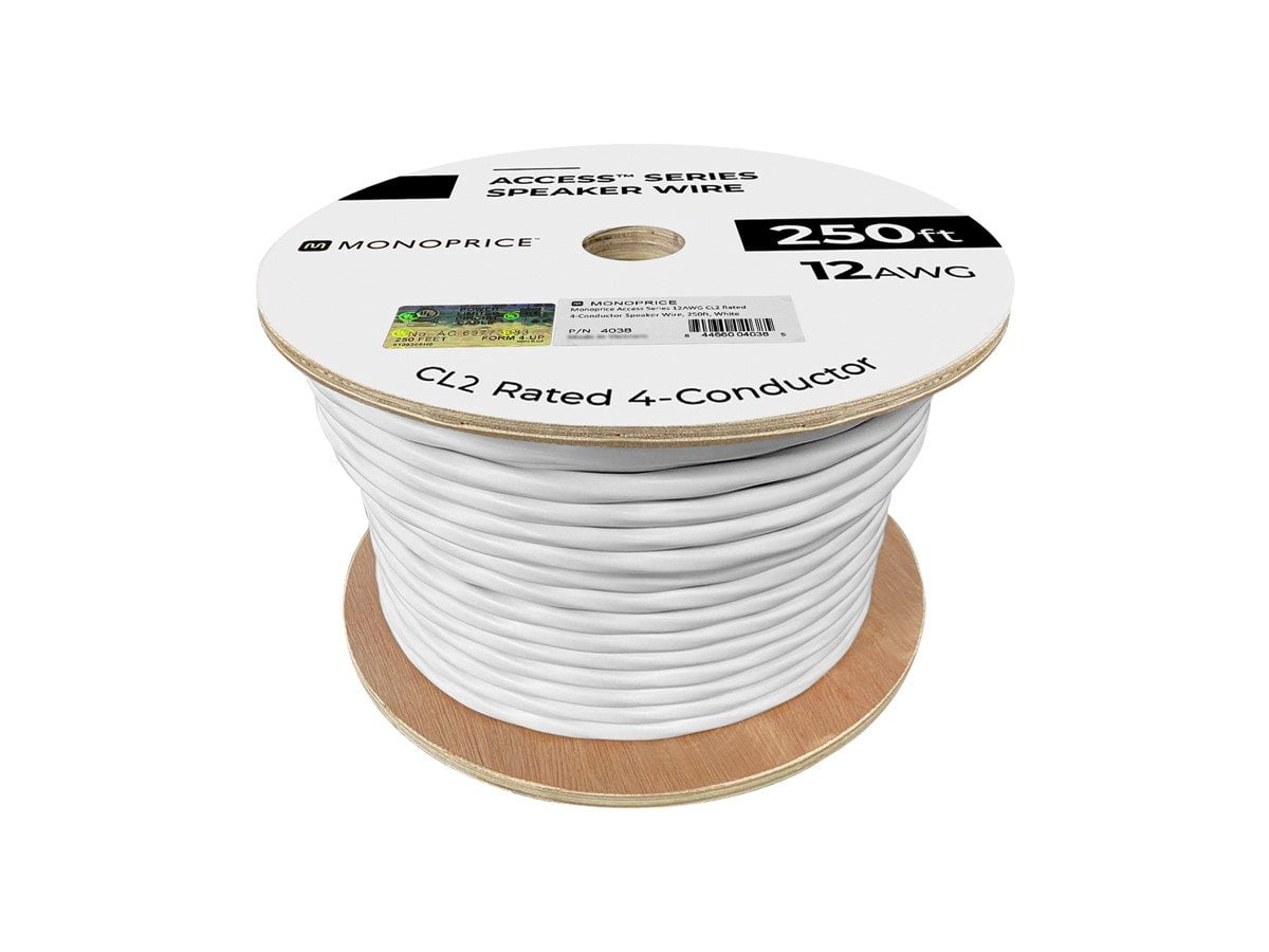 Monoprice Speaker Wire, CL2 Rated, 4-Conductor, 12AWG, 250ft, White