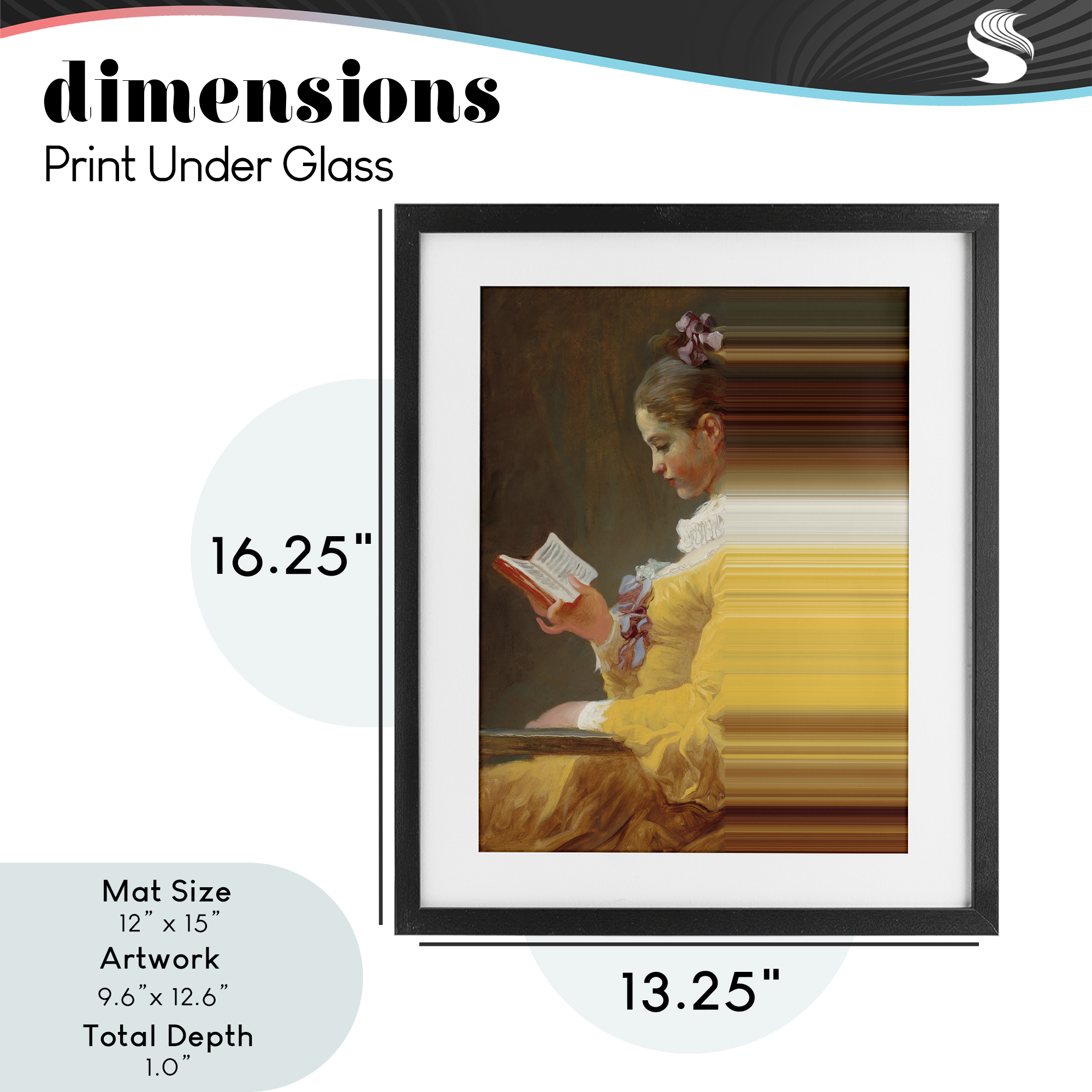 Vintage Lady Reading with Gradient Streaks Black Framed Print Under Glass, design by Seven Trees Design