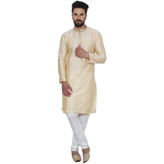 Royal Men's Gold Jacqaurd Neck Embroidered Kurta Pyjama