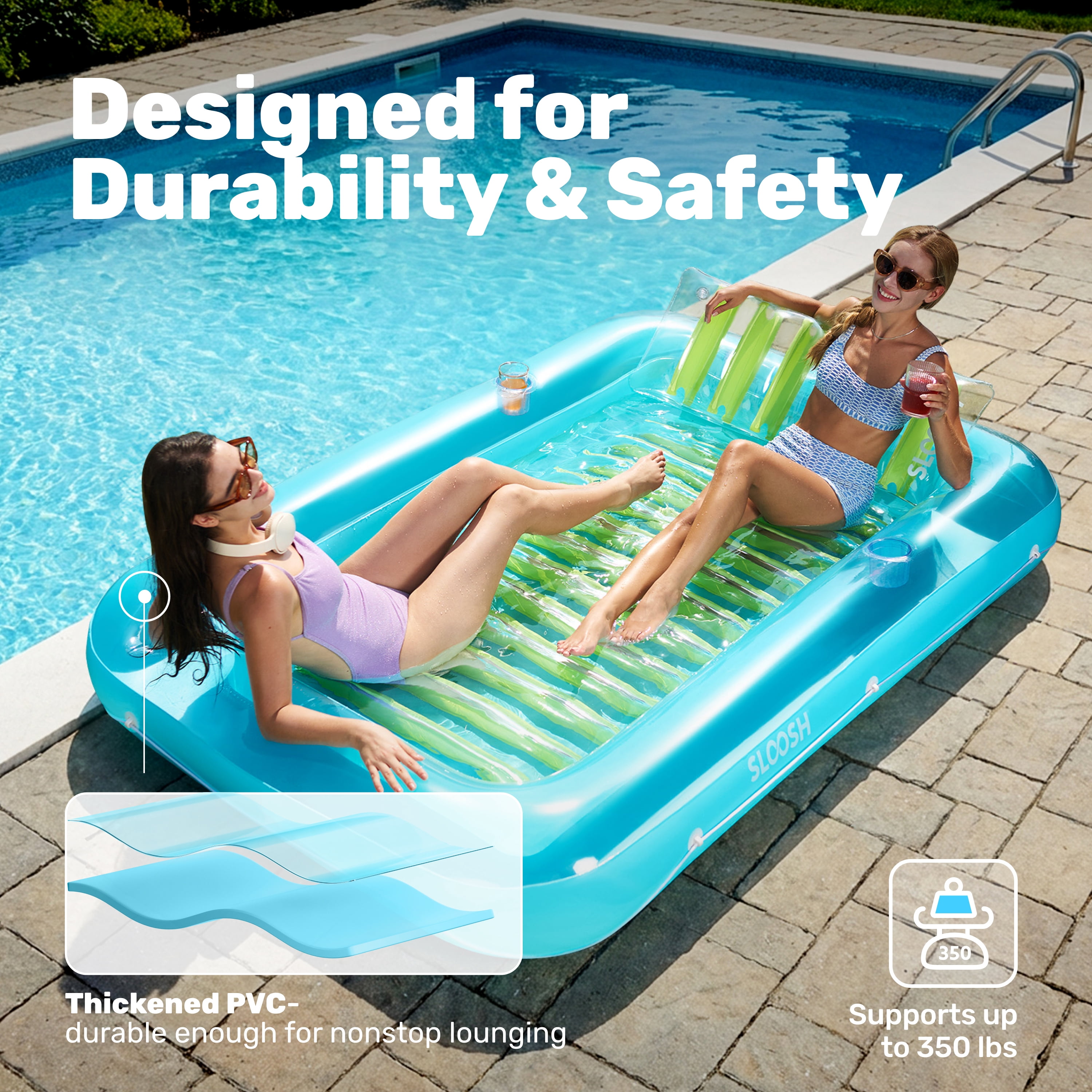 SLOOSH Inflatable Tanning Pool Lounger Float, 85" x 57" Extra Large Suntan Sun Tan tub for Adults, Tanning chair, Bed Blow up, Raft Lounge Floatie,XL-Blue Green